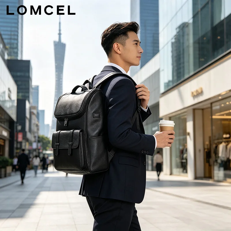 LOMCEL 32 New men's double shoulder bag made of genuine leather for business use, 16 inch laptop size top grain cowhide backpack