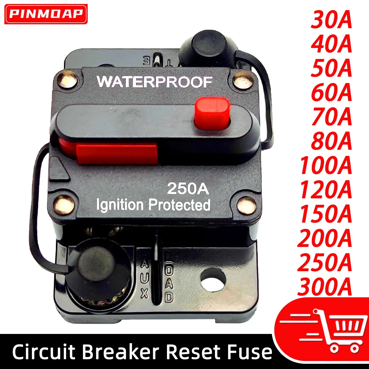 Car Waterproof Circuit Breaker Fuse Ribbon Reset 30A 40A 60A 70A 80A 100A 150A 200A 250A 300A AMP12-48V DC Car Boat Car Audio