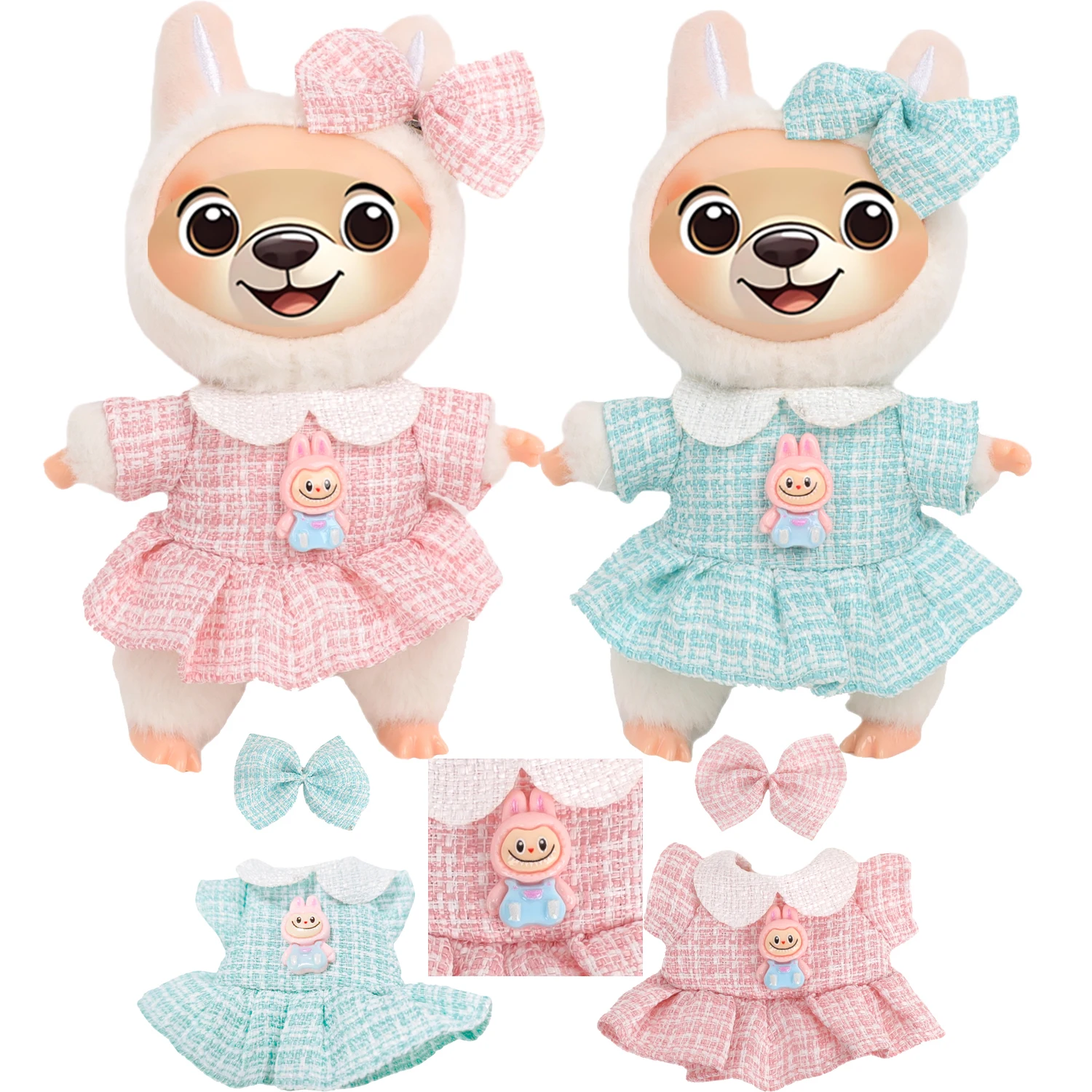 

Doll Clothes For 17cm Labuabu Dolls Plaid Skirt+Bowknot Hair Clip Suit Outfit For V1 V2 Labuabu Doll Cotton Toy Accessories Gift