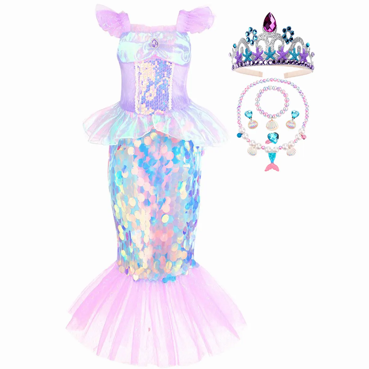 New Little Mermaid Ariel Princess Dress For Girls Short Sleeve Sequins Cosplay Costume Children Carnival Birthday Party Clothes