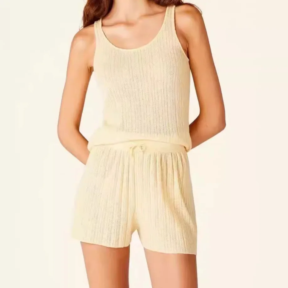 

Women's Set 2024 New Summer Spring Blended O-neck Solid Color Casual Sleeveless Camis and High Waist Drawstring Shirts