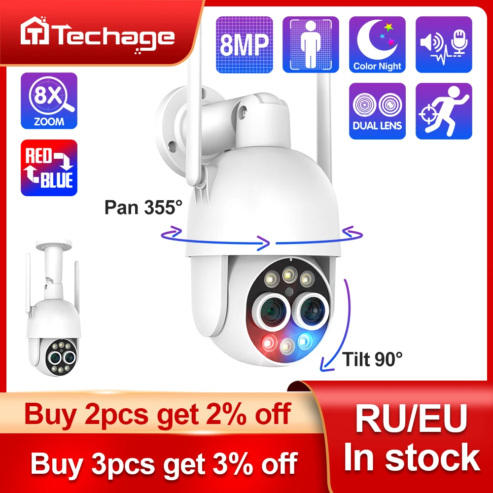 Techage HD 8MP 8X Zoom PTZ Wireless IP Camera Dual Lens 2.8mm 12mm Human Detect Auto Tracking ONVIF WIFI Camera Full Color Night