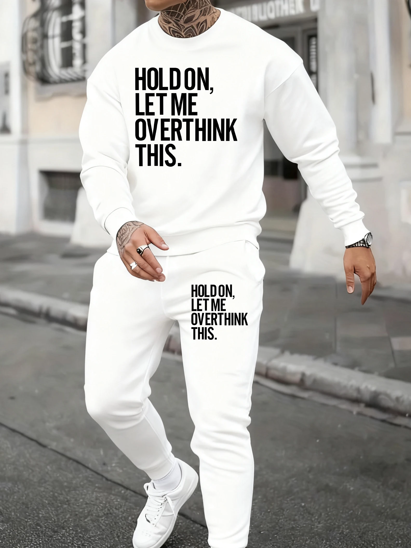 Hold On Let Me Overthink This Prints Sweatshirt Set Men Gym Korean Pullovers Autumn Fleece Sweatpants Loose O-Neck Tracksuits