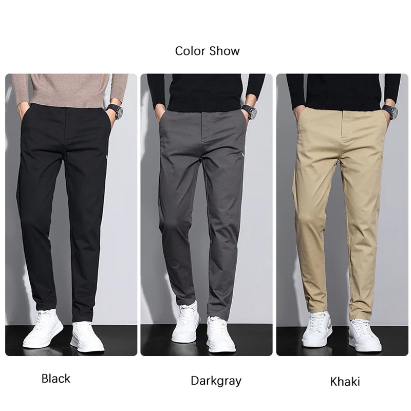 BROWON Winter Clothes Men Pants Mid Straight Solid Color 97% Cotton Business Casual Pants Men Fashion Work Office Pants for Men