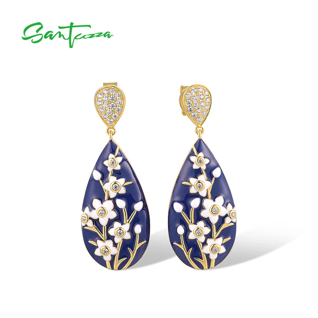 

SANTUZZA Genuine 925 Sterling Silver Drop Earrings For Women White CZ Elegant Flower Wedding Engagement Enamel Fine Jewelry