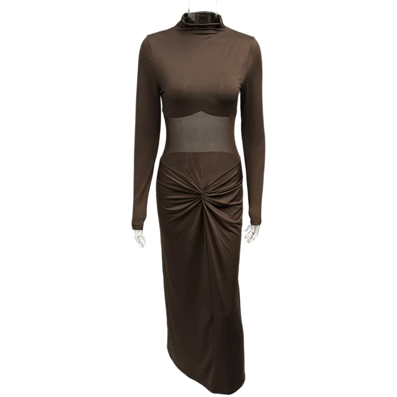 STIJLVOLLE DAME Mesh Patchwork Maxi Jurk 2023 Herfst Vrouwen Lange Mouw Coltrui Bodycon Sexy Club Party Gedrapeerde Jurken