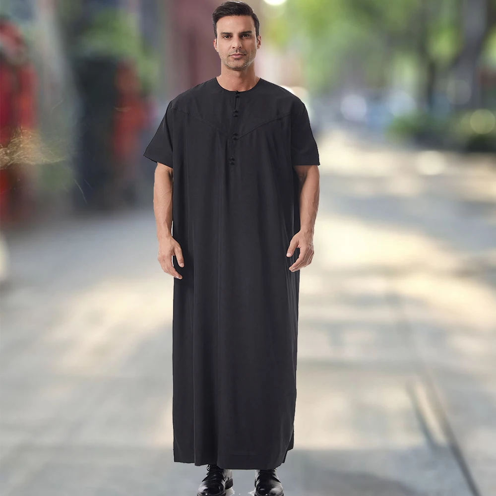 New Islam Short Sleeve Thobes for Men Muslim Clothing Kaftan Dubai Abaya Turkey Caftan Arabic Robe Jubba Thobe Daffah Dishdasha