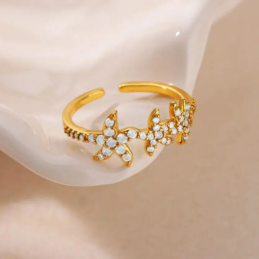 Starfish and Shell Conch Stainless Steel Rings for Women Gold Color Elegant Wedding Party Aesthetic Zircon Ring Beach Jewelry
