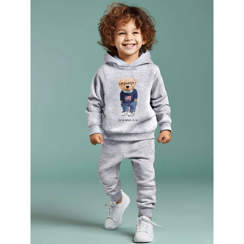 Spring and Autumn Boys Loose Hoodie Cartoon Cute Little Bear Letter Print Casual Versatile Pants Set 2379A