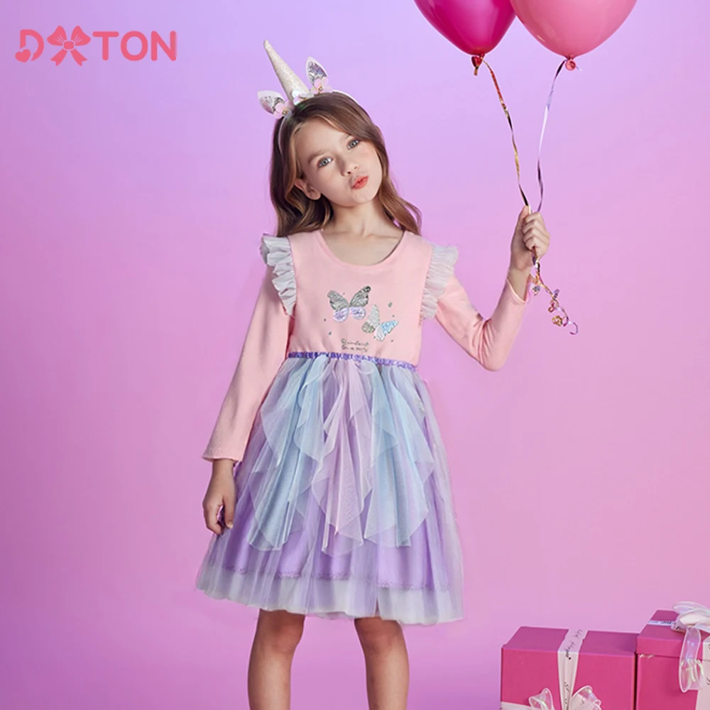 

DXTON Children Girls Vacation Clothing Ruffle Long Sleeve Princess Mesh Dress Layer Dancing Party Butterfly Toddler Kids Dresses