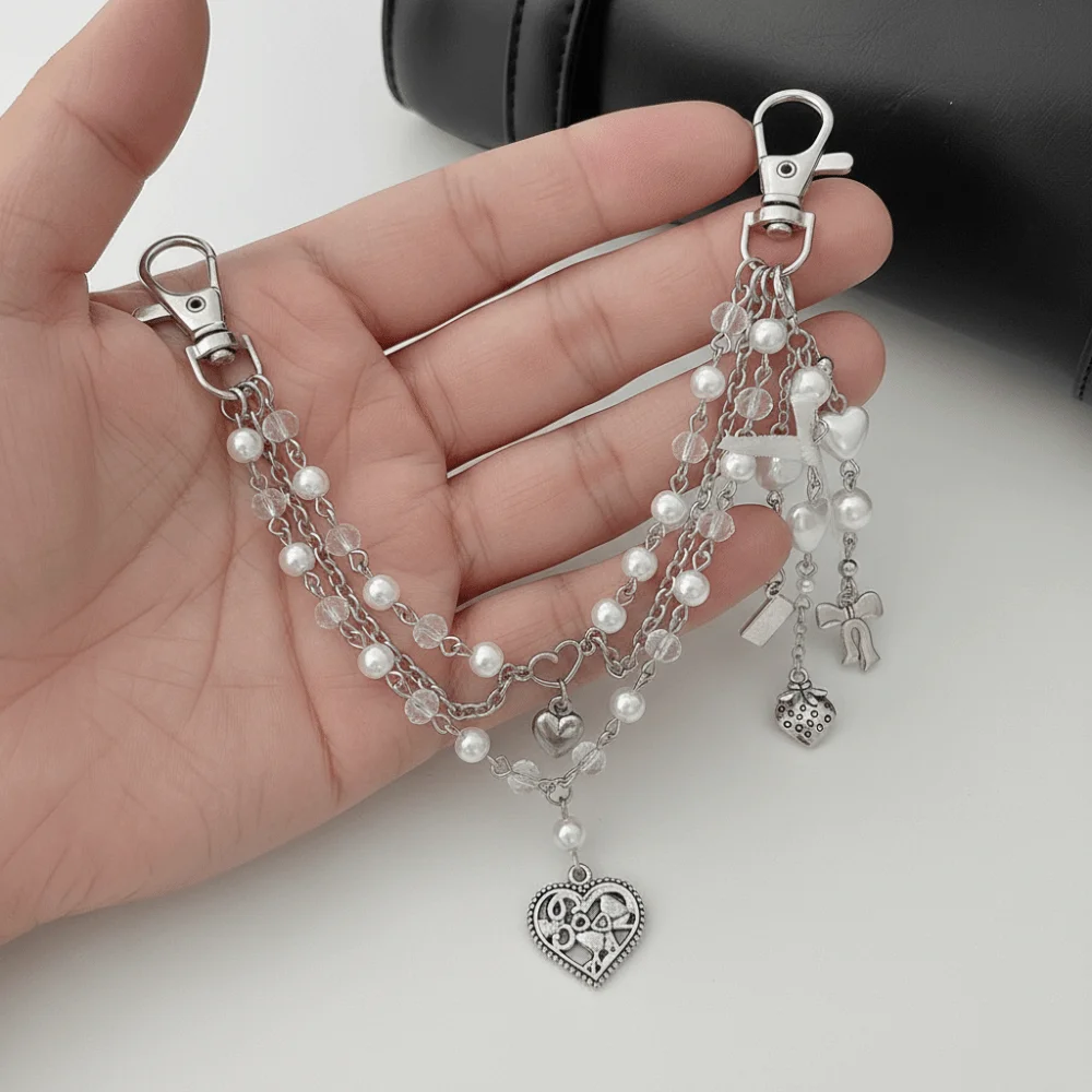 Fashion Sweet Imitation Pearl Accessories Heart Trendy Acrylic Bag Chain Multi-layer Design Metal Material Beaded Keychain DIY
