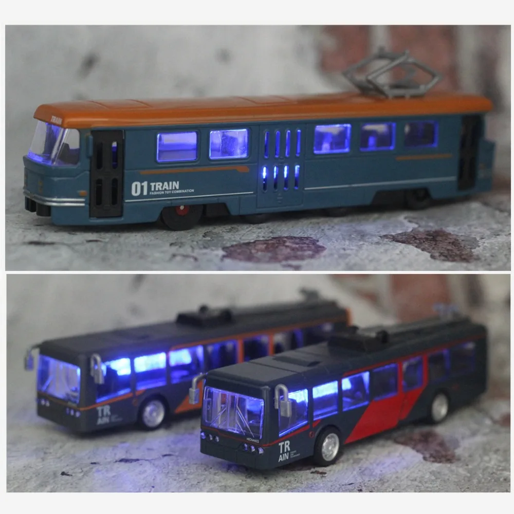 Simulation Rail Tram Light Rail Tram Model 1:50 Alloy Sound and Light Bus Five Color Retro Rail Tram Train Model Kids Toys