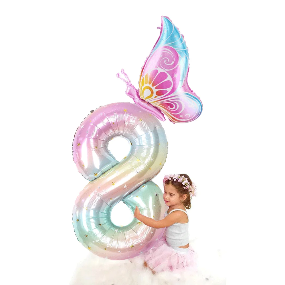 40Inch Colorful Gradient Number 0-9 Balloon Foil Helium Digit Balloon Butterfly Birthday Party Decor Baby Shower Kids Girl Gifts