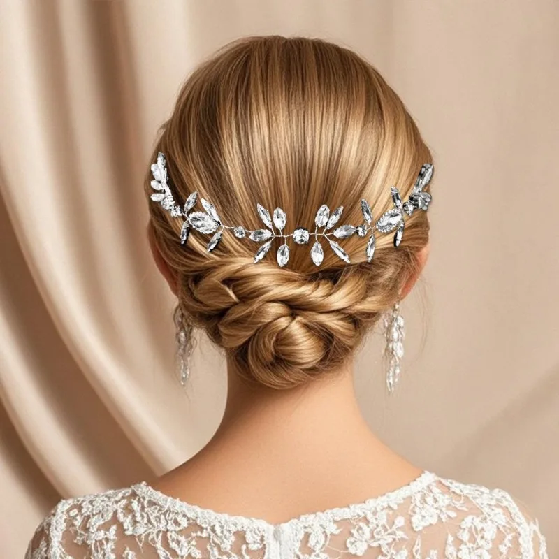 

Bride Wedding Headdress Super Flashing Rhinestone Leaves Tray Hair Comb Wedding Dress Styling Double Hair Strap