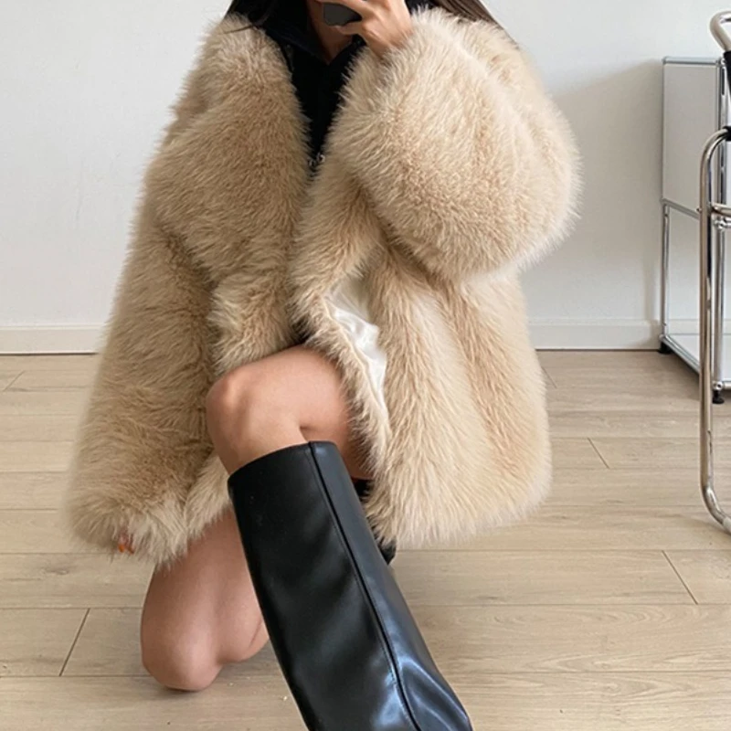 

Faux Fur Coats Women Casual Fur Longline Long Sleeves Turn Down Collar Thick Warm Fur Loose Open Stitch Y2k Coat 2025 Winter