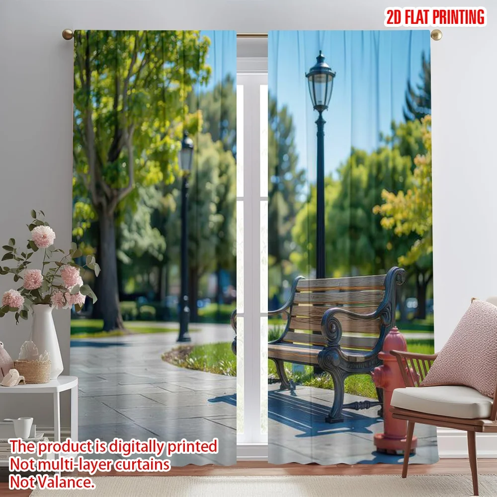 

2D flat printing 2pcs Window Curtains Park Bench and Hydrant Digital Printed Polyester Drapes Birthday Party Perfect for Holiday