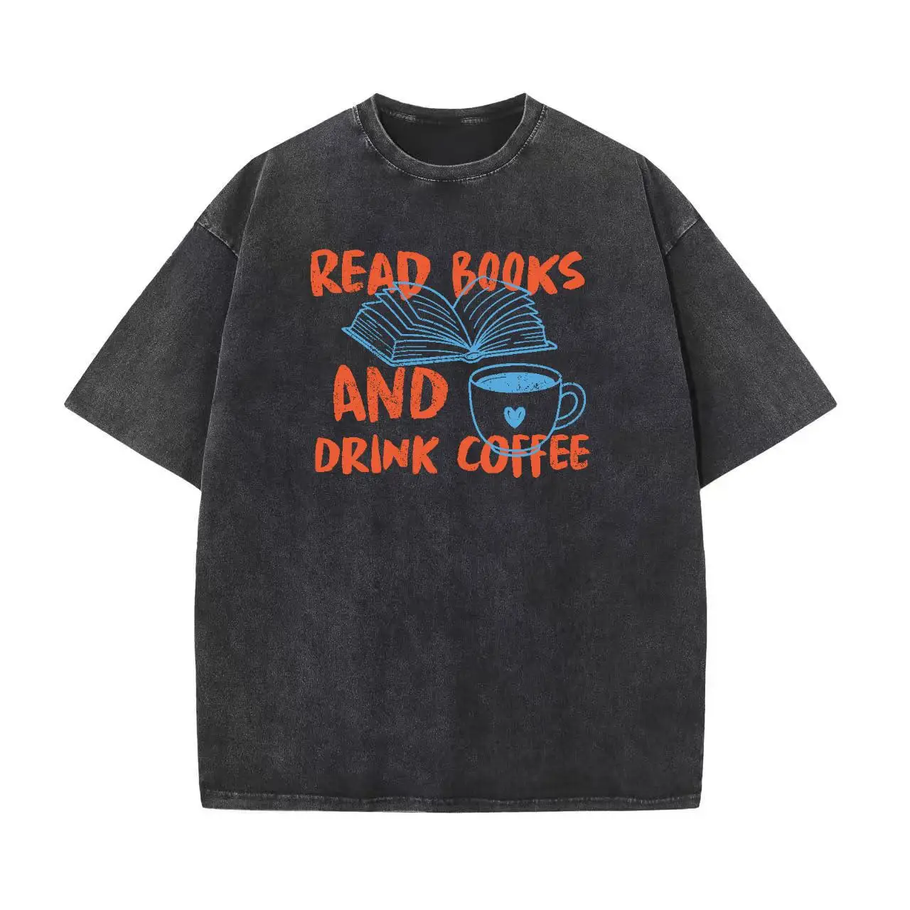 

Vintage Washed Oversized T-Shirt, Read Books and Drink Coffee Graphic Tees, Unisex Casual Loose Top for Book Lovers