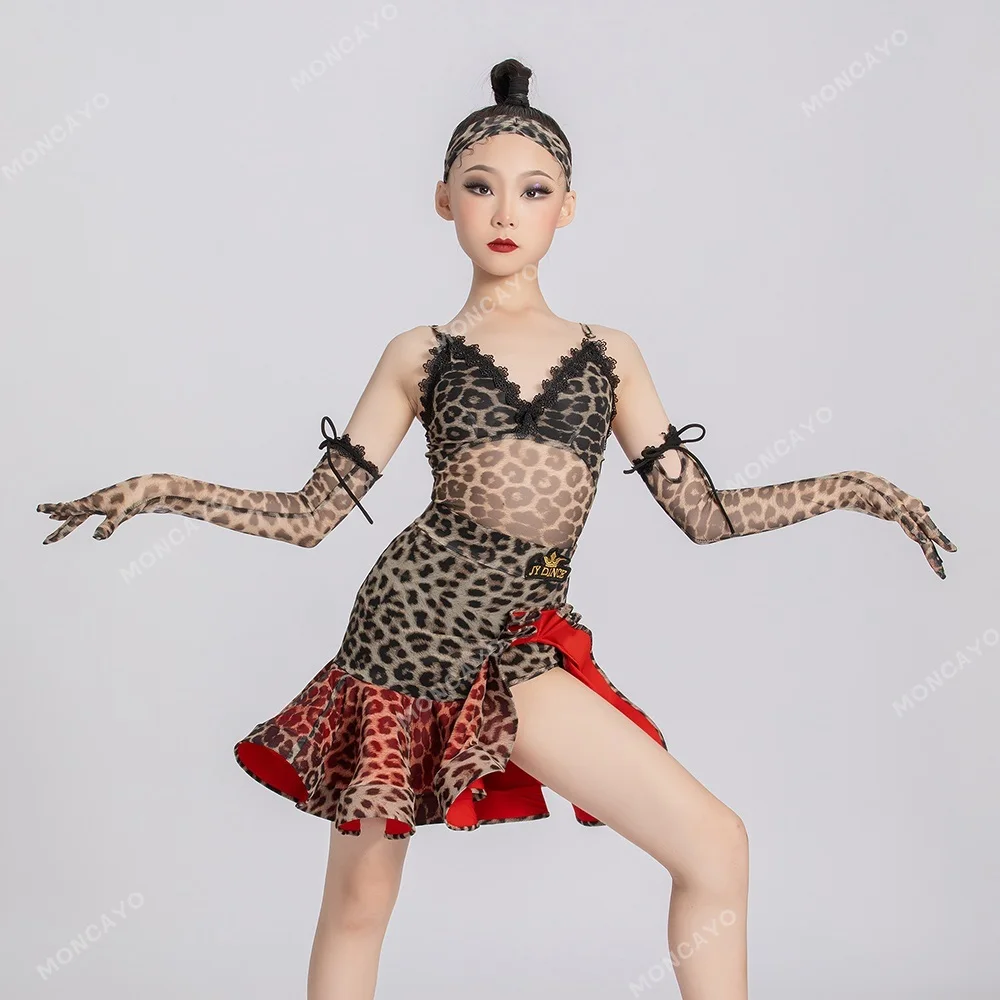 

Leopard Rumba Samba Tango Salsa Latin Dance Dress Girls Competition Ballroom Dance Dresses Standard Kids Latin Practice Dress