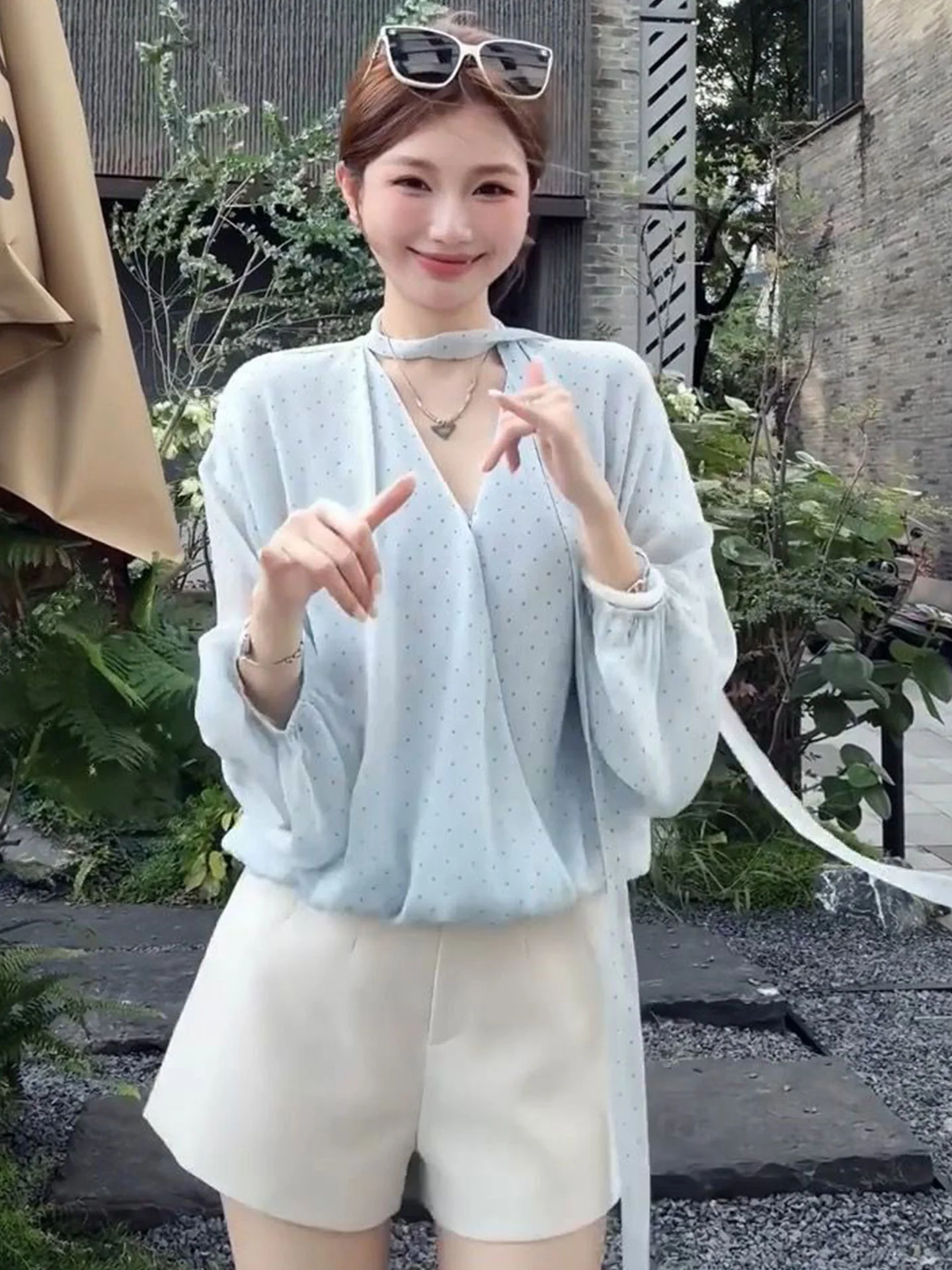 

Ele Summer Long Sve Polka Dot Sa Design Women's irt European High-End Brand Chiffon Top Korean Sle Straight Cut