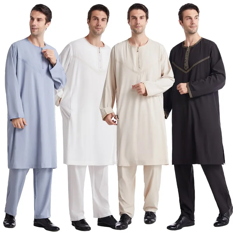 Muslim Men 2 Piece Set Jubba Thobe Mens Abaya Long Dress Islamic Eid 2025 Ramadan Long Robe Musulman Wear Caftan Arab Dresses