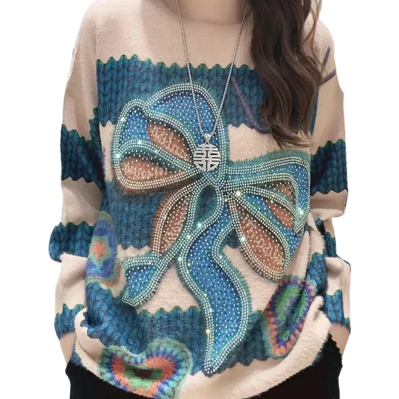 

2025 норковый флисовый свитер с ромбовидным синим бантом, осенний свободный популярный топ Wasteland, пуловер, свитер оверсайз, женский джемпер y2k