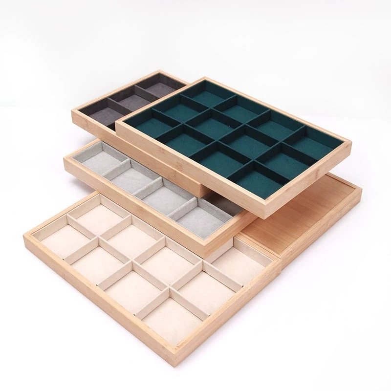 Fashion Bamboo Wood Jewelry Display Tray 12 Grids Necklace Bracelet Earrings Ring Hairpins Storage Trays Counter Showcase Props