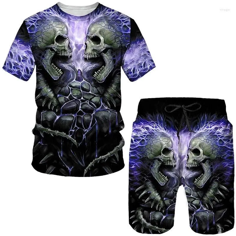 Men\'s Summer Round Neck Skull T-shirt Set 3D Printing Skull Short Sleeve Two-piece set Fashion Leisure Sports Short Sleeve set