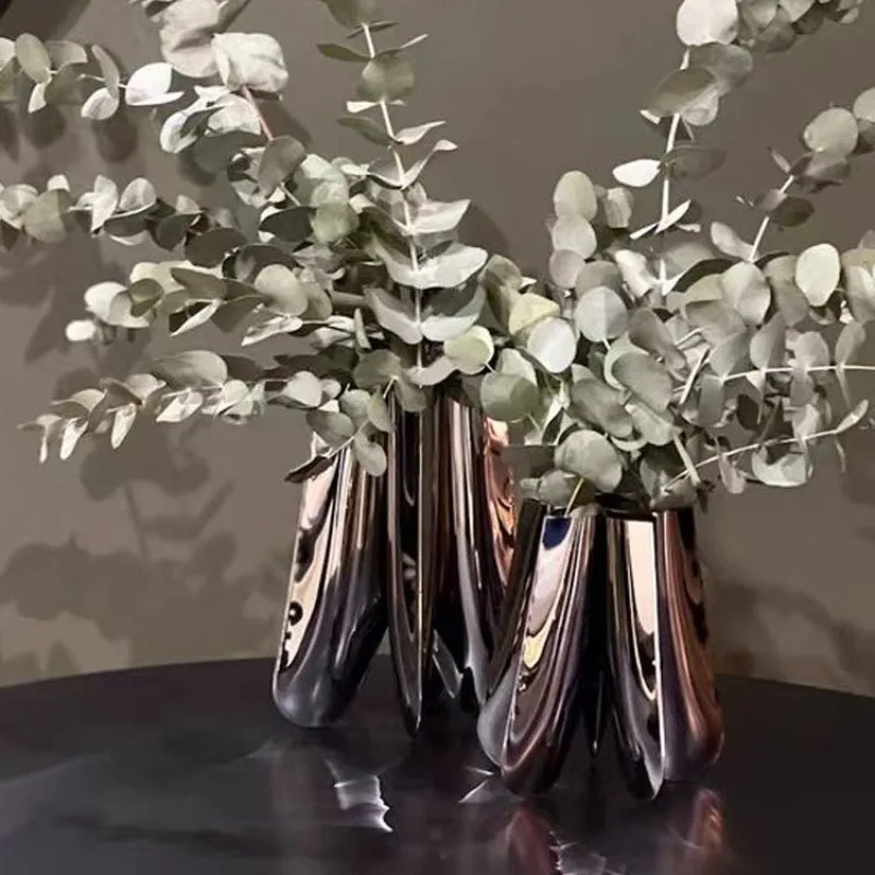 Modern simple stainless steel mirror flower ware hotel exhibition hall living room bedroom home decoration flower arrangement