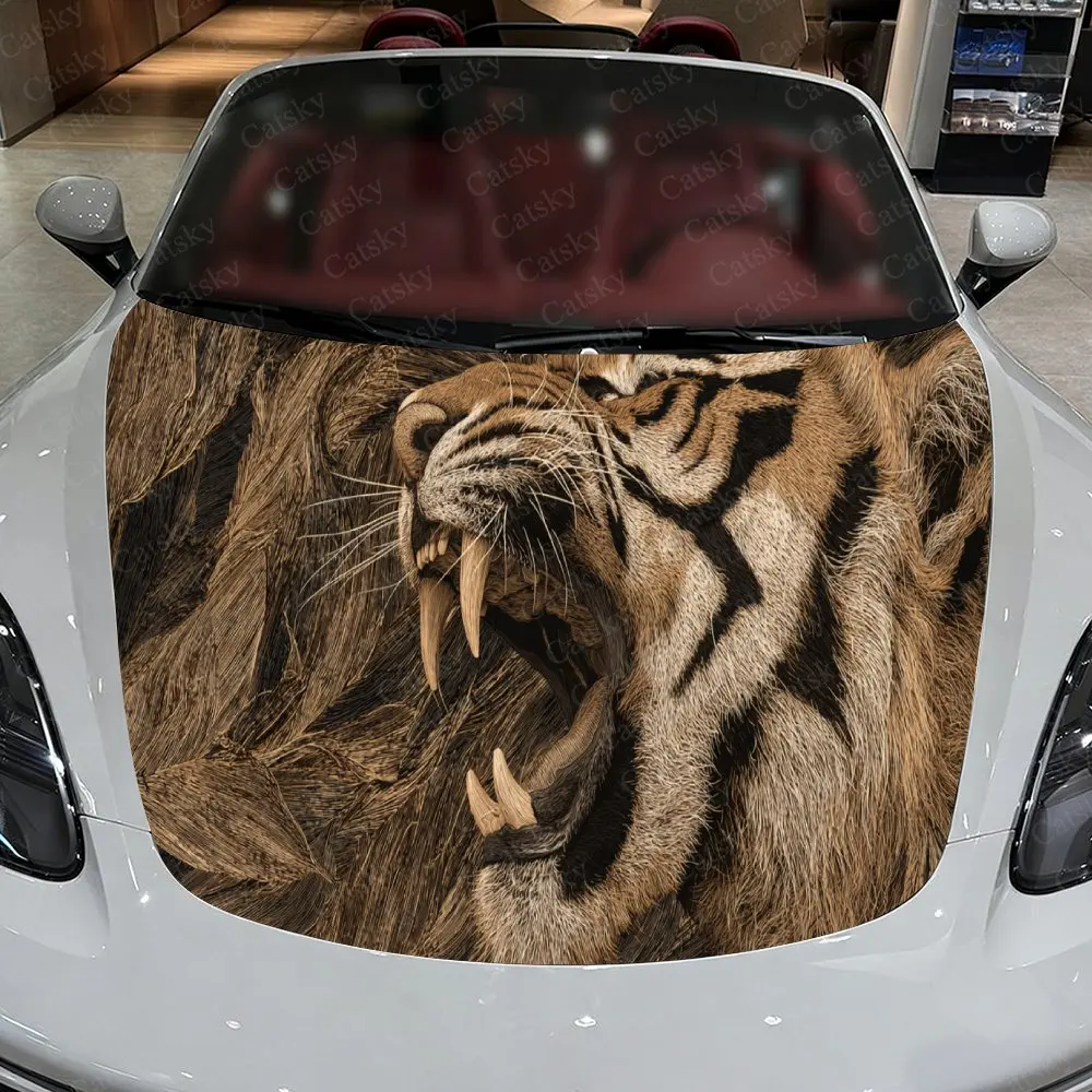 

Car Decal Tiger with Brown Artistic Fusion in Raw Wildlife Design, Creating a Bold and Ferocious Visual Car Hood Sticker, Waterp