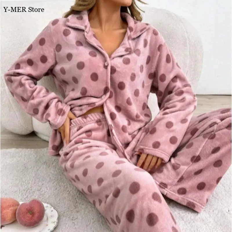 

Autumn Winter Pajamas Set Women Sleepwear Warm Flannel Nightwear Long Sleeve Cardigan Loungewear Suit 2Pcs Nightwear Homewear