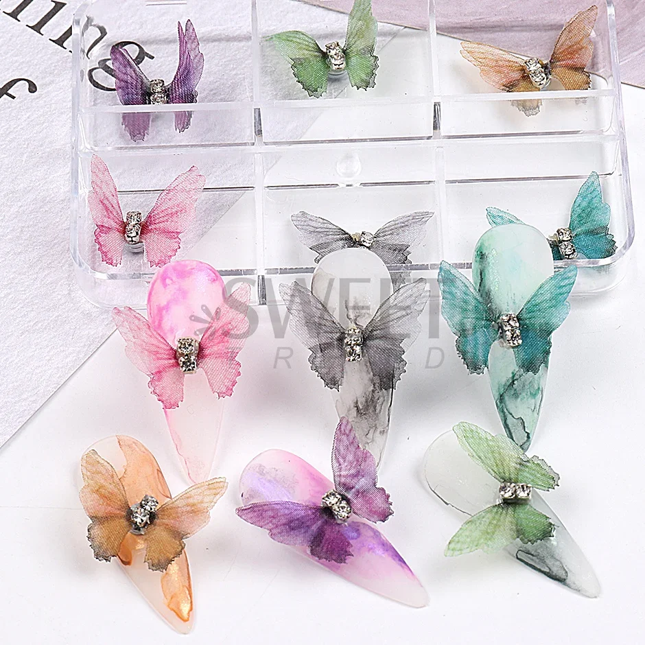 6pcs 3D Butterfly Nail Charms Magnets Decoration 2023 Double Mesh Tulle Butterfly Ornaments Stickers for Nails  Accessories