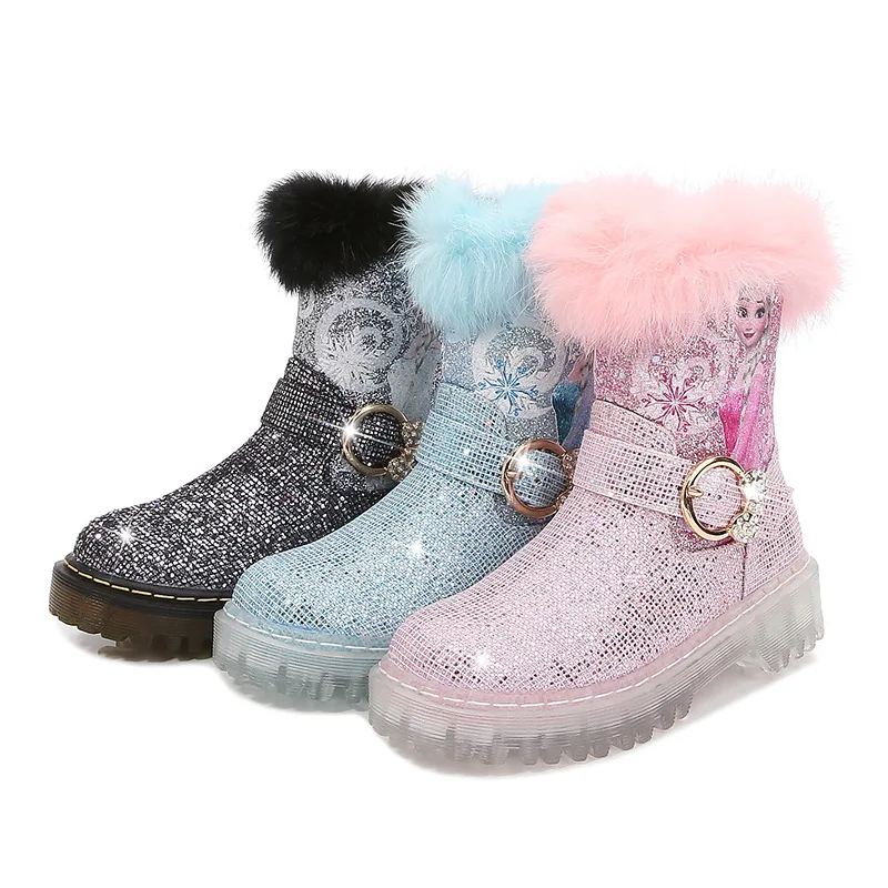 Disney Frozen Elsa Princess Kids Cartoon Ankle  Boots Winter Princess Girls Fashion Children Thick Bottom Sneakers Blue Shoes