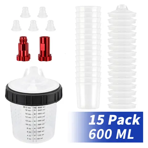 15Pcs Spray Gun Paint Mixing Cup H/O Type Quick Cup Spray Gun Tank 600ML Disposable Paint Cup with M16 Spray Gun Cup Adapter