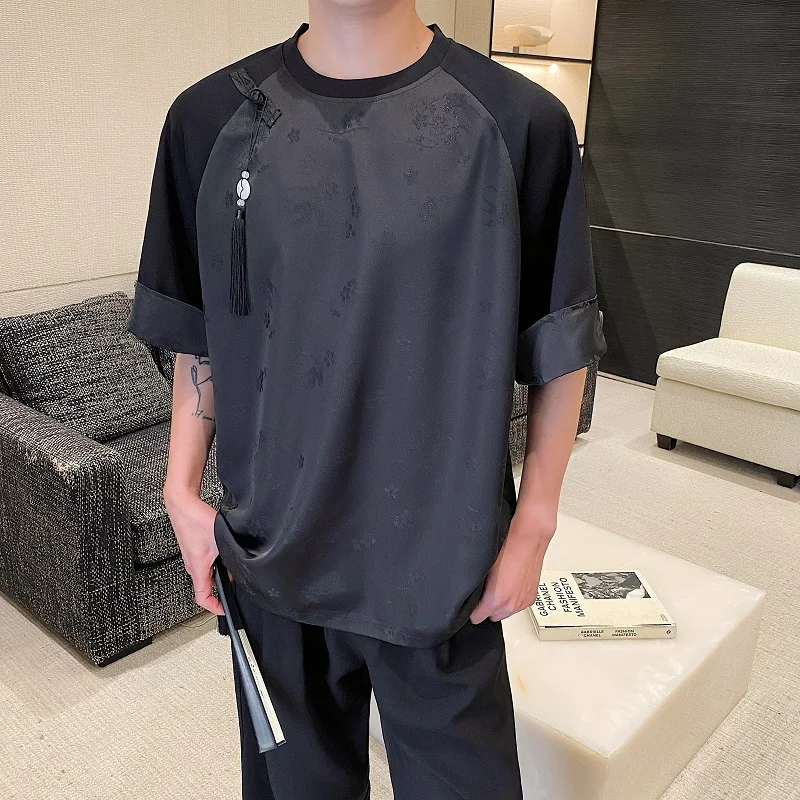 

SYUHGFA Men's Shoulder Fashion Casual T-shirt 2024 Summer Fashion New Chinese Style Satin Jacquard Design Round Collar Tops