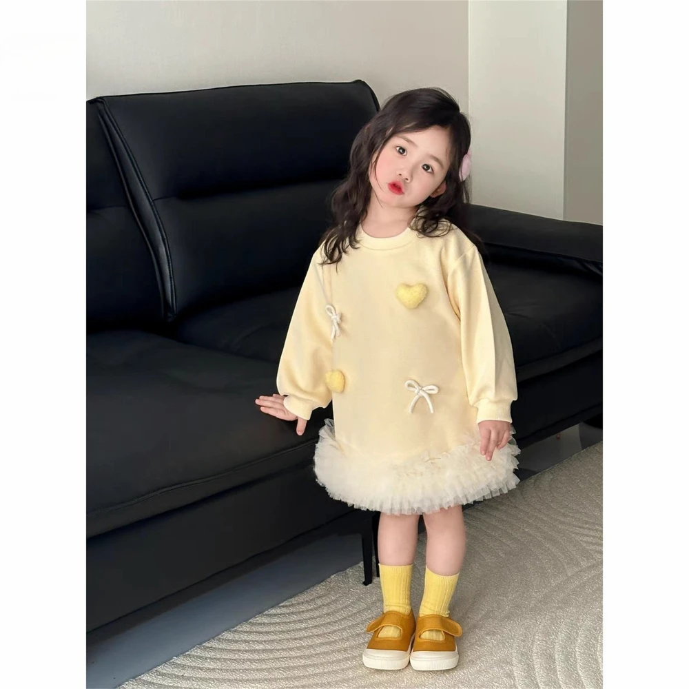 Yellow Sweet and Lovely Girl Casual Clothes Bow Love Long Sleeved Fluffy Dress Autumn New Korean Version