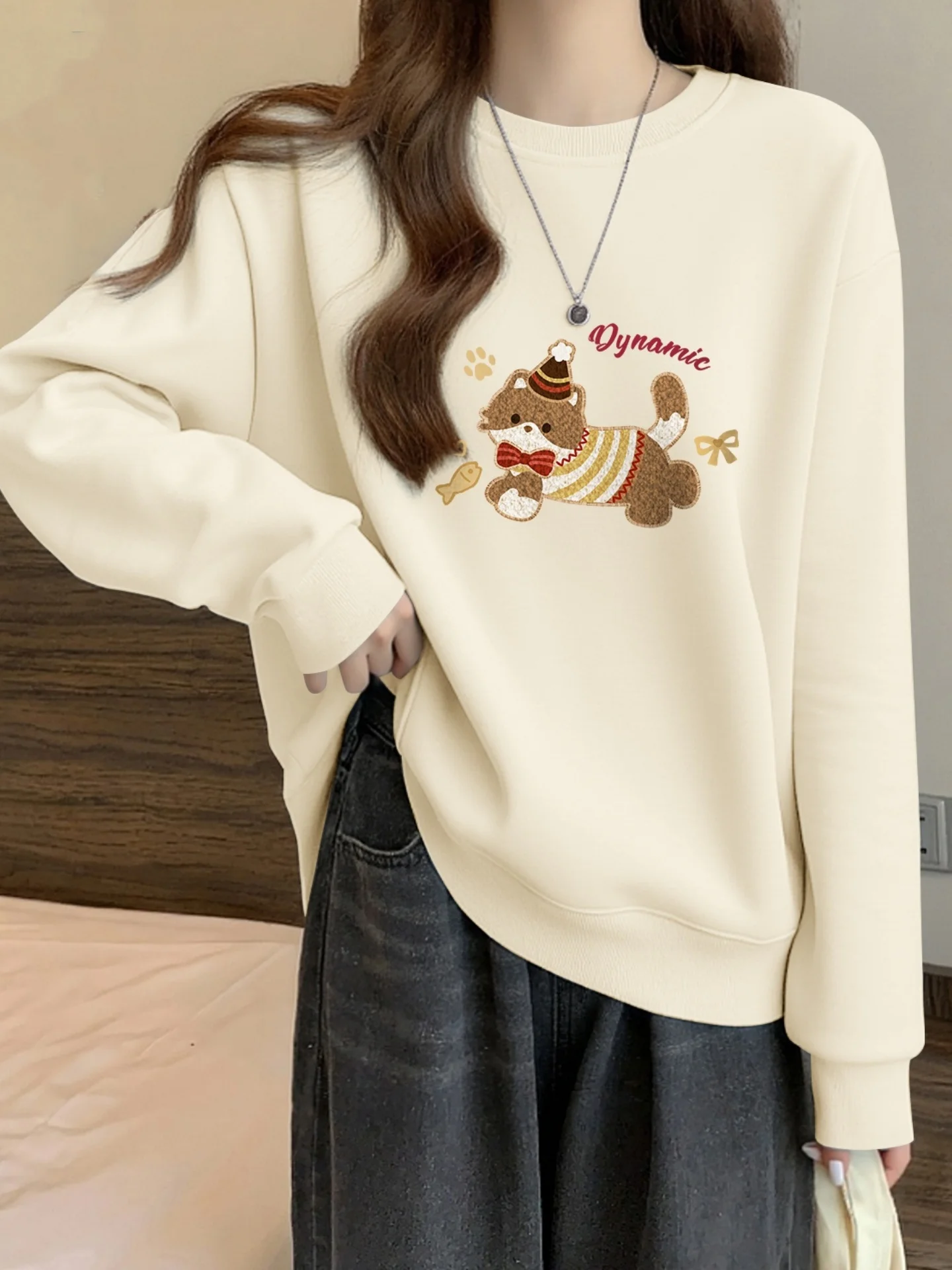 

Женская толстовка оверсайз с круглым вырезом на флисовой подкладке, осенне-зимняя, модная, в корейском стиле, с длинным рукавом