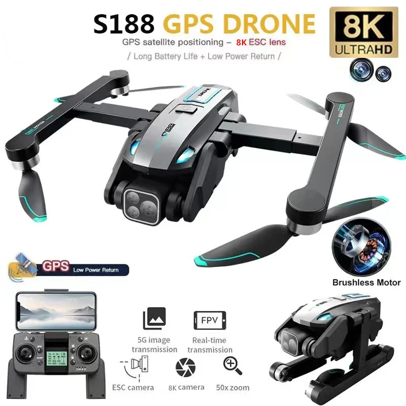 

S188 GPS Drone 8K Professional Dual Camera 5G FPV 360° Obstacle Avoidance Brushless Foldable RC Quadcopter Distance 2KM Dron Toy