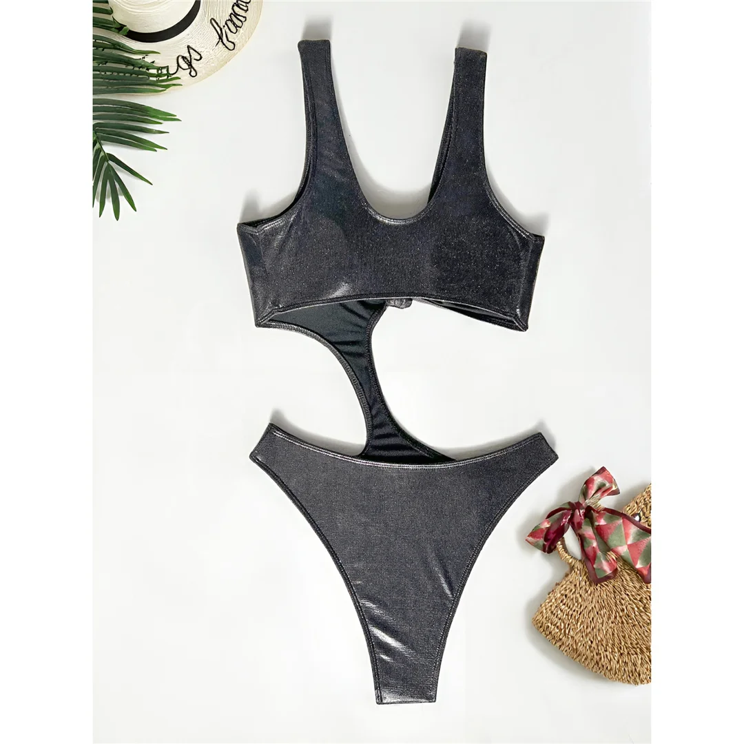 S - XL Asymmetrischer Badeanzug aus Kunstleder mit Knotenmuster für Damen, einteiliger Badeanzug, hoher Beinausschnitt, Badebekleidung, Badeanzug, Modell V7995 – Detail 6
