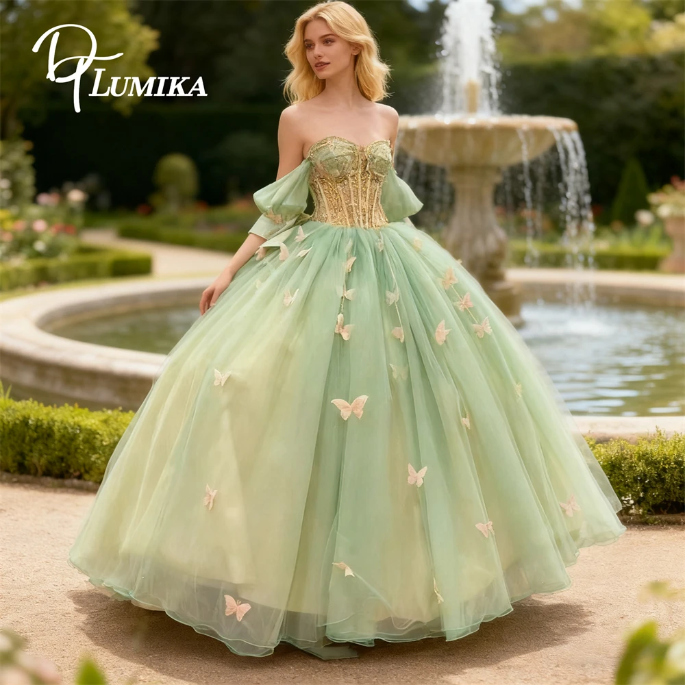 

DTLumika Fairy Tale Butterfly Prom Dress for Women Off Shoulder Mint Ball Gown Sweet 15 16 Dresses Quinceanera Dresses