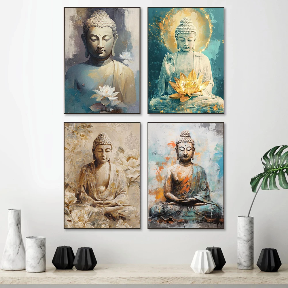 Buddhist Bodhisattva Buddha Statue Bodhi Tree Poster Canvas Oil Painting Printing Religious Meditation Room Mural Home Art Decor