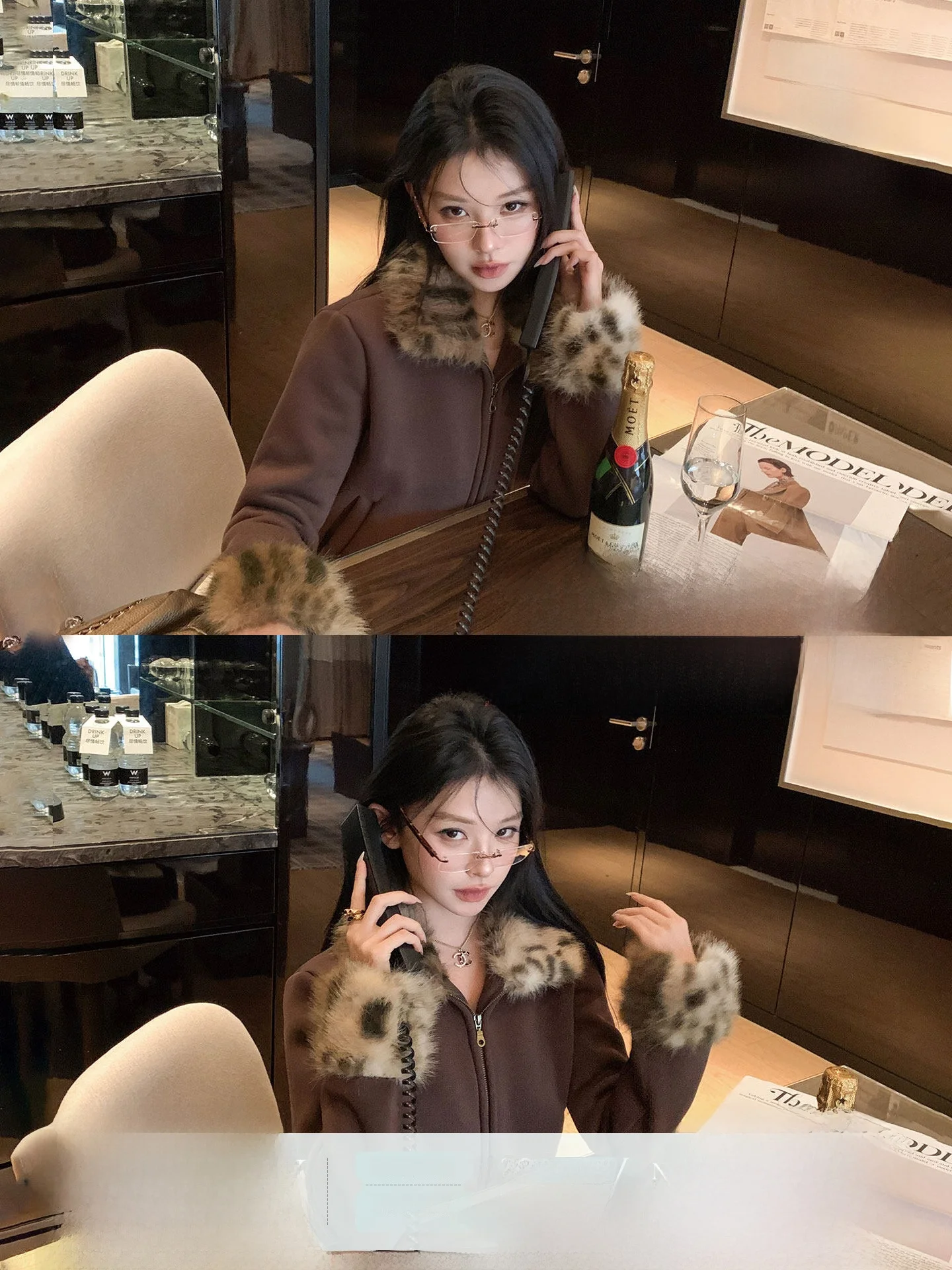 

Okaaay Wild Muse Leopard Print Fur Collar Patchwork Jaet Women's Autumn Winter Slimming American Retro Sle Casual Coat