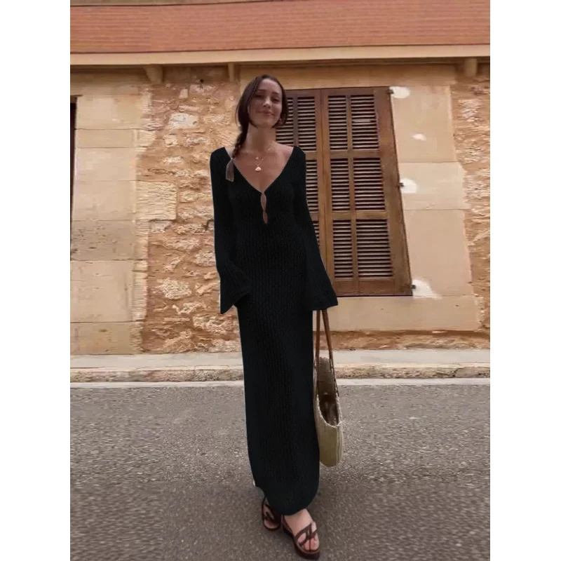 

Women V Neck Crochet Knit Long Dress Long Sleeve Slim Fit Boho Beach Vacation Maxi Dress