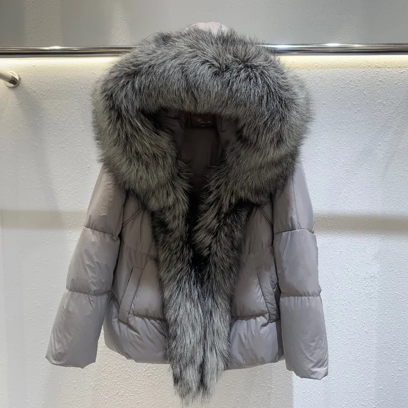 Luxury Female Fox Large Fur Collar Duck Down Coat Down Jacket Winter Short Outerwear Fur High-end Brand New Faux Fur Coat