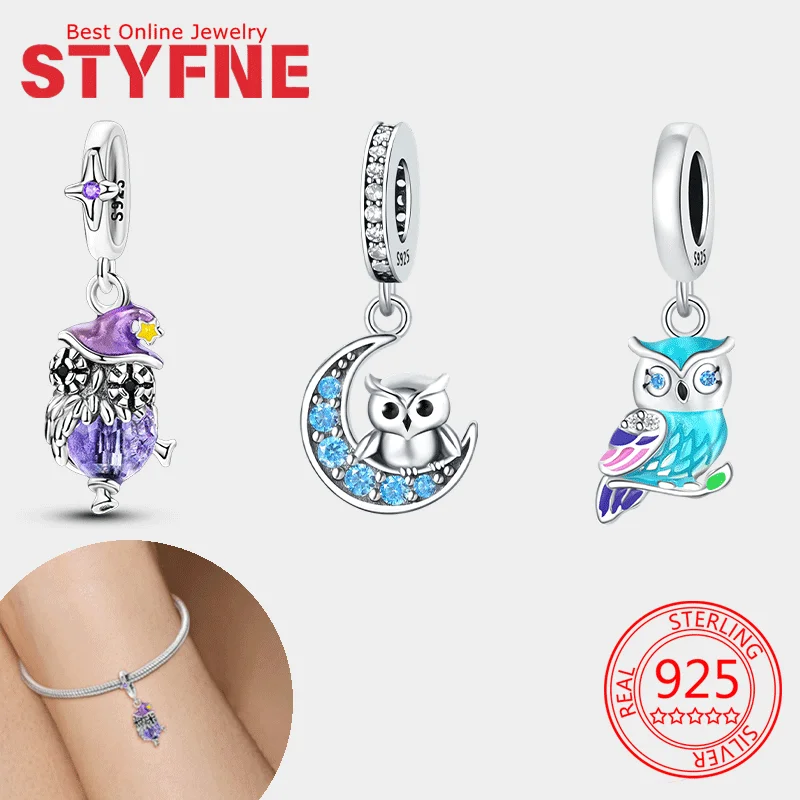 

Charms 925 Silver Purple Owl Blue Zircon Moon Owl Fluorescent Owl Beads Pendant Fit Bracelet Necklace Jewelry Making Fine Gift
