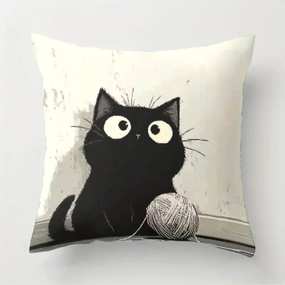 4PCS Knitted Ball Big Eyes Black Cat Pillow Cover 45X45cm Simple Black and White Square Art Living Room Sofa Soft Decoration