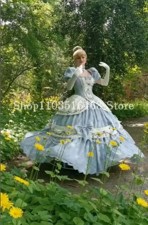 Fairytale Cinderella Prom Ball Gown Blue Square Neck with Gloves Pom Pom Victorian Opera Halloween Cosplay فستان سهره