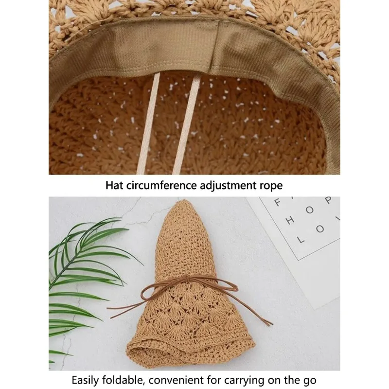 قبعة نسائية مصنوعة يدويًا من القش بنما صيفية عصرية بعقدة على شكل فيونكة قابلة للطي بحافة واسعة واقية من الشمس للحماية من الأشعة فوق البنفسجية على الشاطئ في الهواء الطلق #6