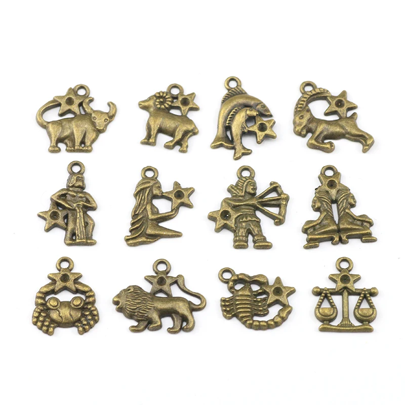 12 Pieces/Lot Antique Bronze Or Antique Silver Plated Jewelry Diy Zodiac Charms For Jewelry Making 1212