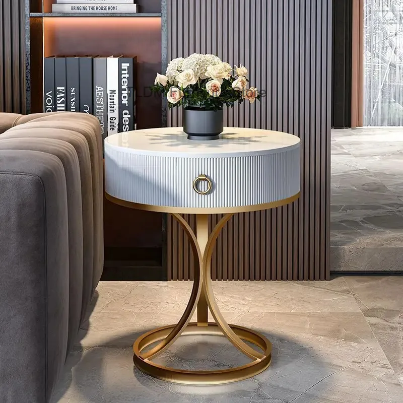 Luxury Bedroom Storage Metal Nightstand Living Room Sofa Side Table Stone Countertop Storage Cabinets Simple Side Tables