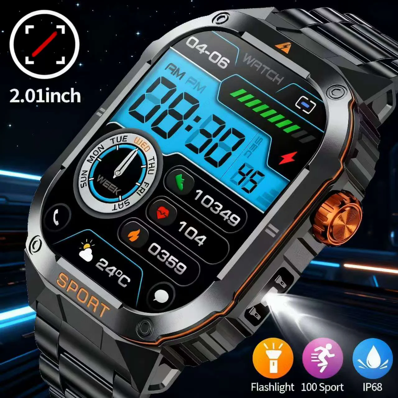 

2025 2.01'' Military Smartwatch Fitness Clock Bluetooth Call Smart Watch Waterproof Sports Wrist Watches for Men For IOS Android